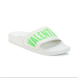 Valentino Leather Logo Neon Green  Slide Sandals